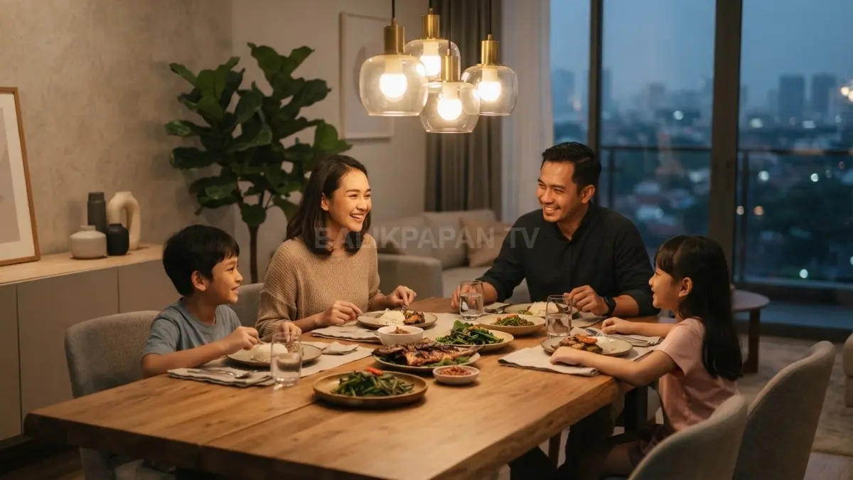 Lampu gantung warm white menghadirkan ruang makan minimalis hangat, nyaman, dan estetis untuk keluarga berkumpul (BTV/AI)
