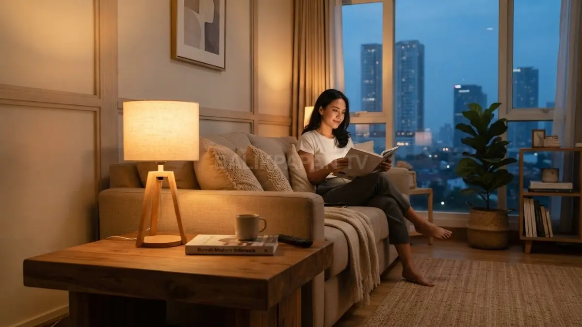 Lampu meja berwarna hangat dipadukan dengan sofa linen dan elemen kayu alami di ruang tamu. (BTV/AI)