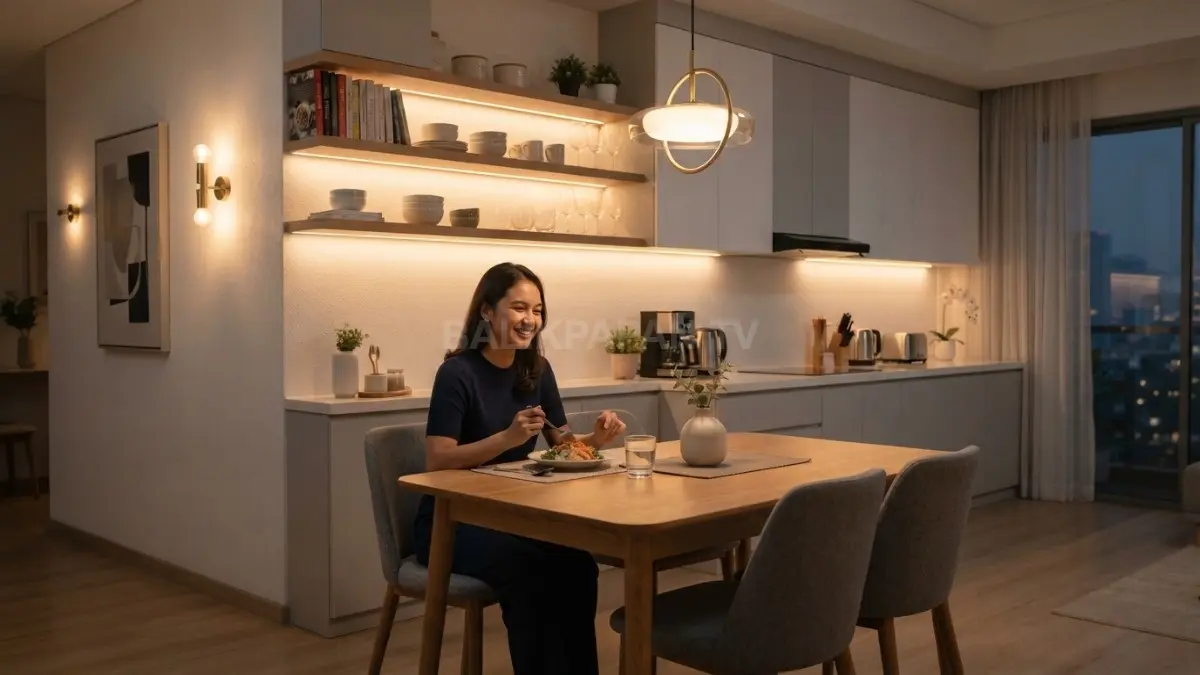 LED strip menghadirkan pencahayaan lembut, membuat ruang makan minimalis terasa hangat, modern, dan nyaman bersama keluarga (BTV/AI)
