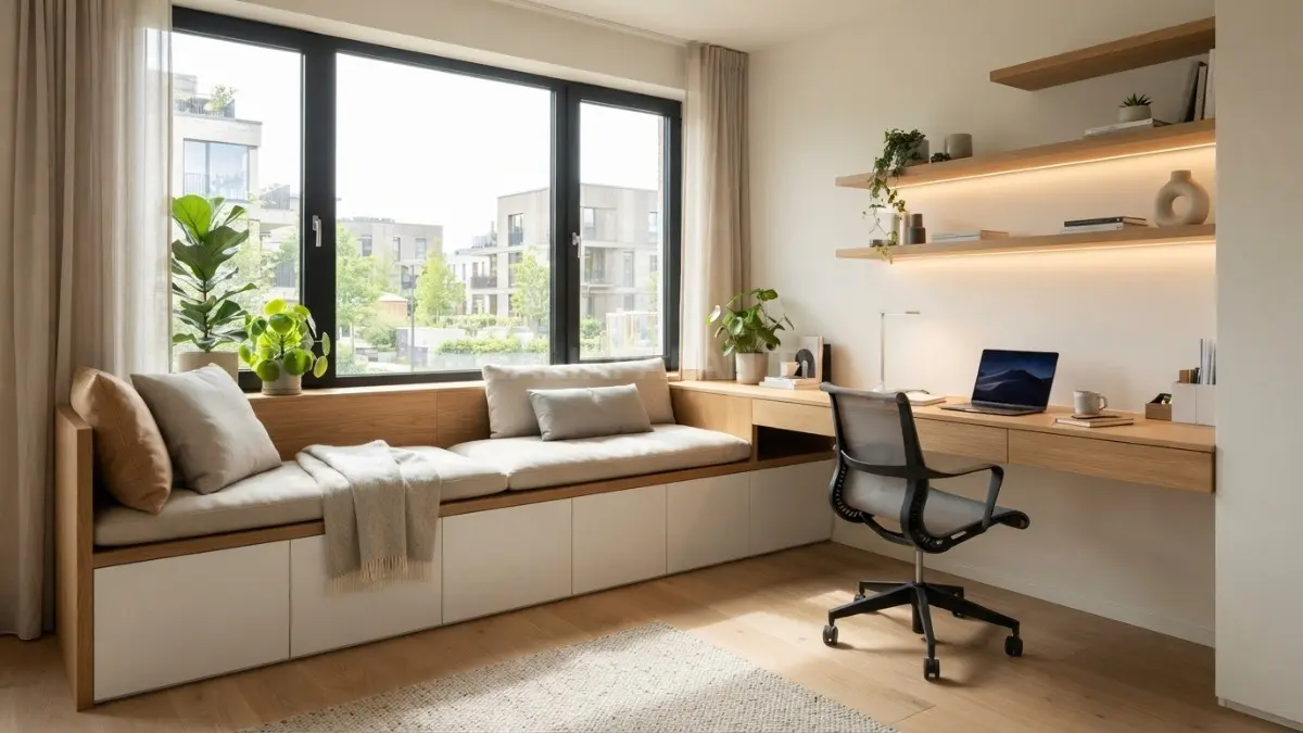 Meja kerja sudut berbentuk L memanfaatkan keterbatasan ruang apartemen studio secara efisien dan produktif. (BTV/Ai)