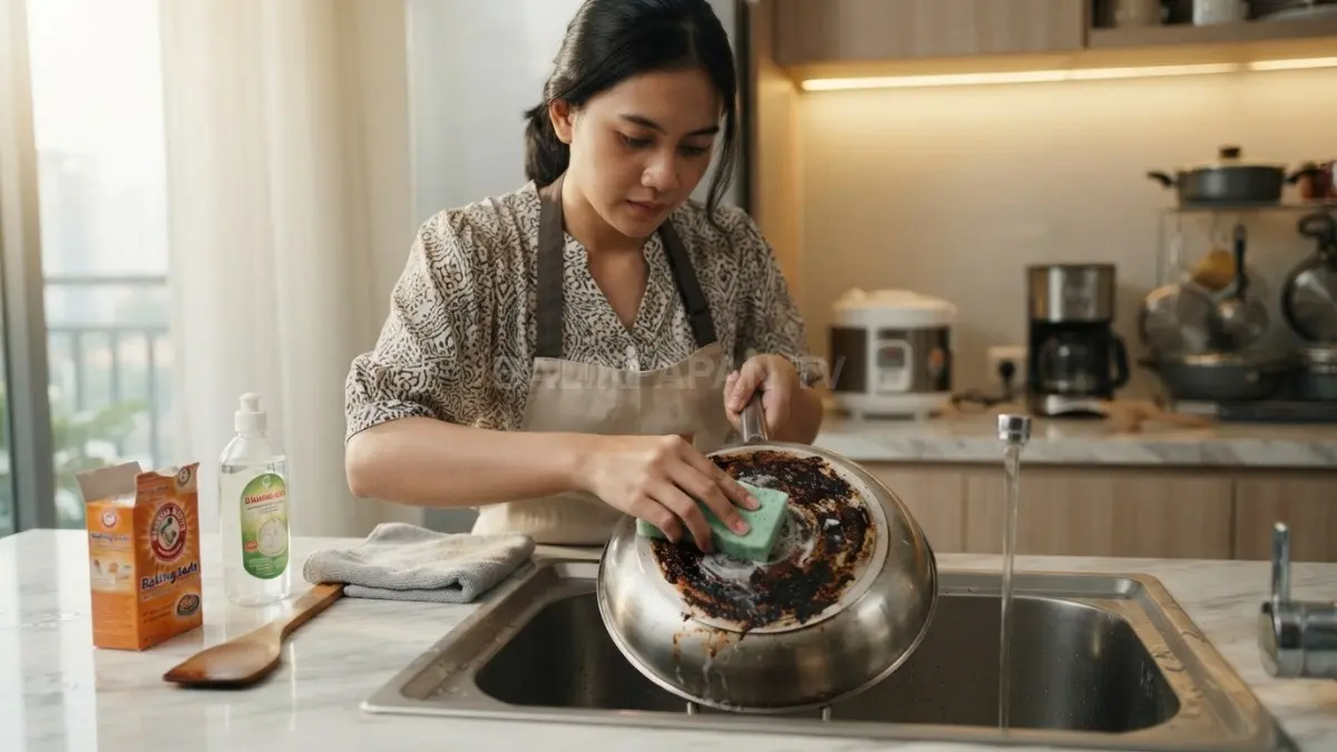 Membersihkan noda membandel pada wajan menggunakan metode tepat menjaga permukaan tetap bersih dan awet digunakan (BTV/AI)
