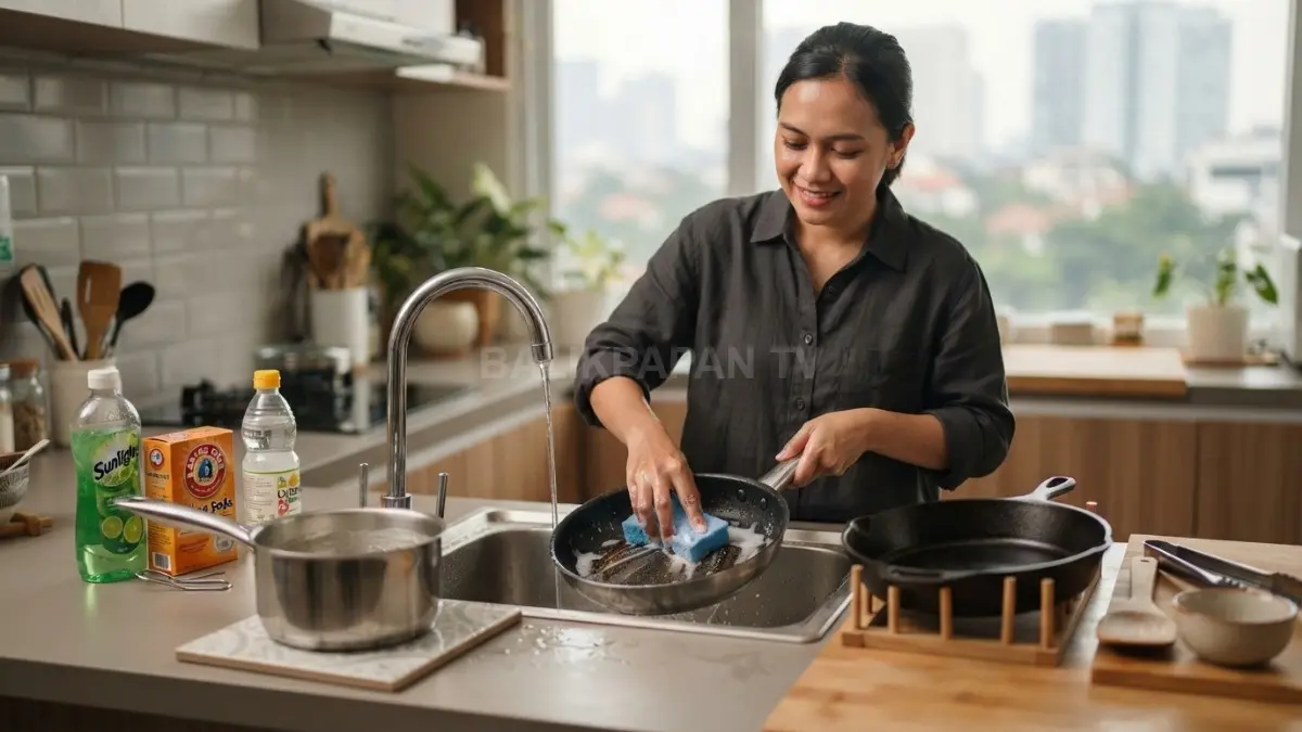 Membersihkan wajan sesuai jenis material membantu menghilangkan noda membandel tanpa merusak permukaan dan lapisan pelindung (BTV/AI)
