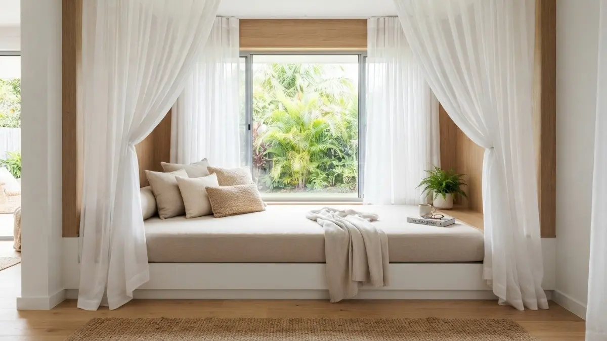 Model semi-daybed lebar dengan kanopi tiras menawarkan kenyamanan ekstra dan privasi maksimal di rumah. (BTV/Ai)