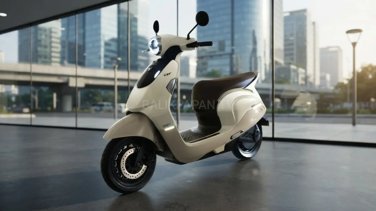 Motor listrik Indomobil E-Motor QT Pro putih tampil dengan lampu proyektor LED oval.(BTV/AI) 