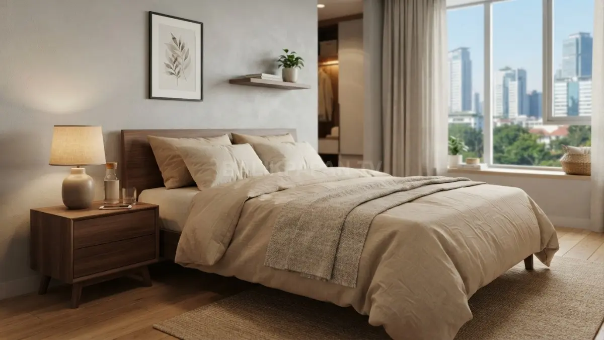Nuansa krem hangat berpadu material alami menghadirkan kamar menenangkan, elegan, dan terasa lebih hidup setiap hari. (BTV/AI)