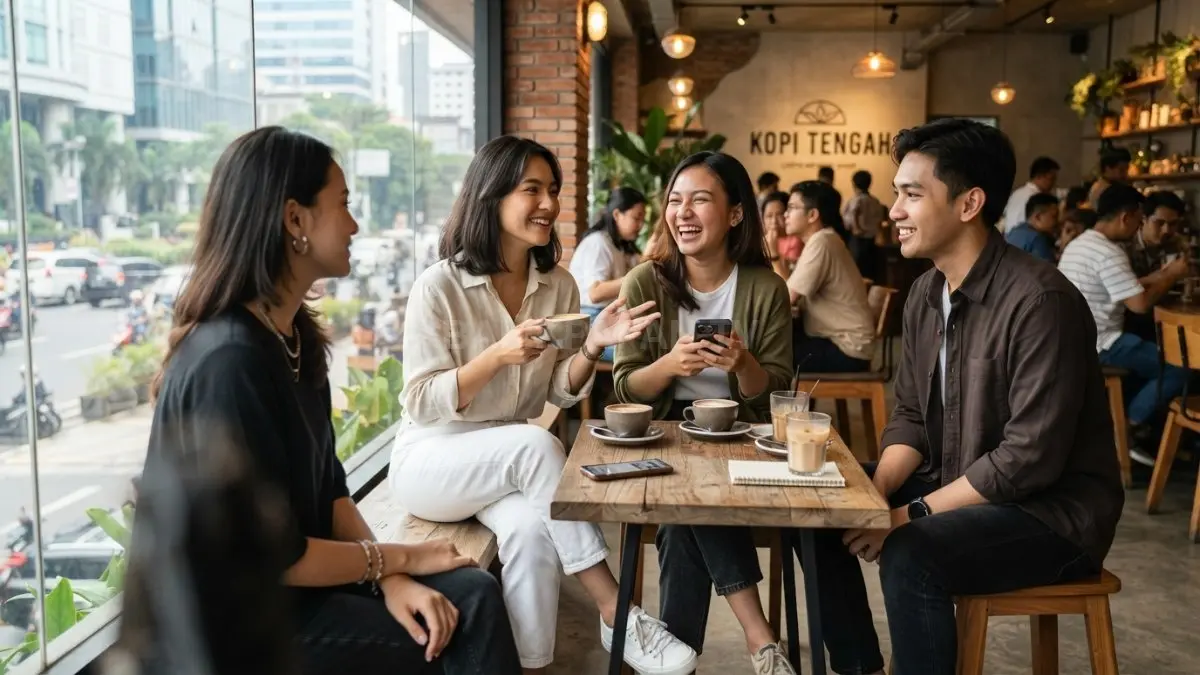 Outfit kasual bernuansa earth tone menghadirkan kenyamanan, gaya, dan kepercayaan diri saat bertemu teman di kafe (BTV/AI)
