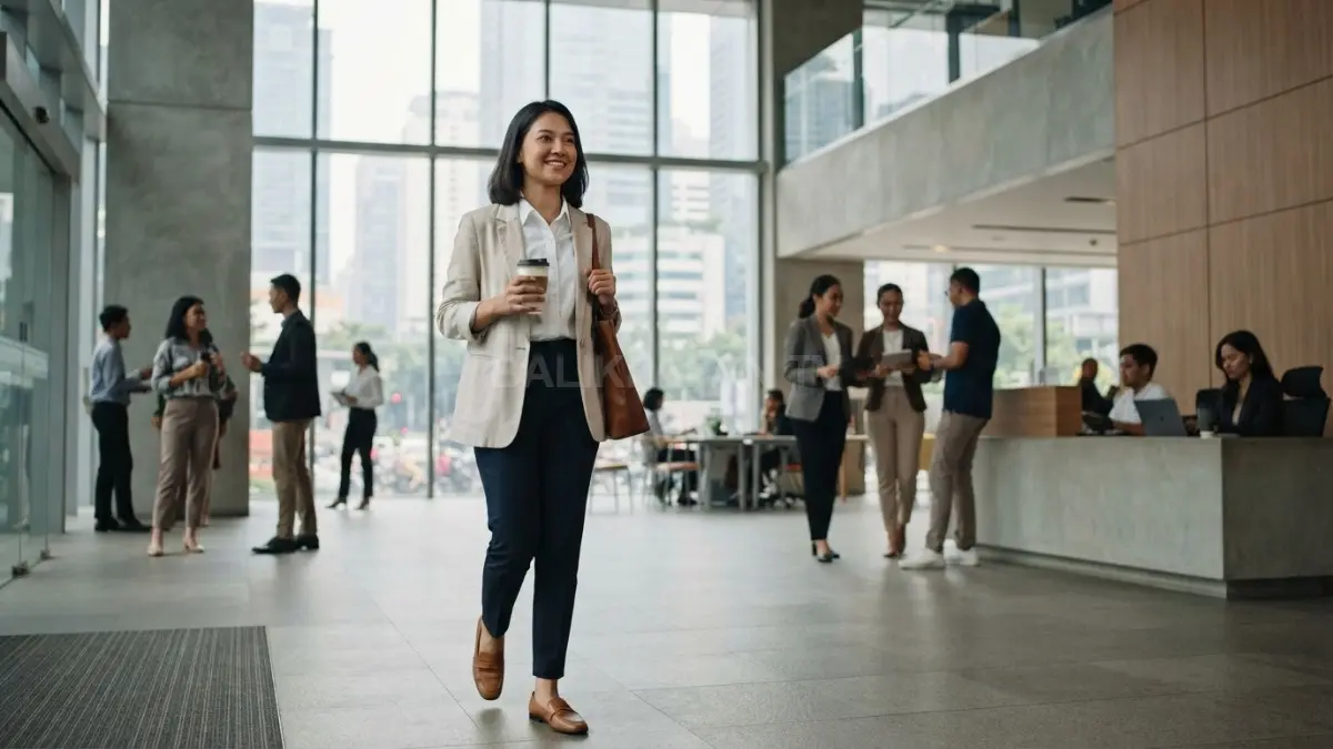 Outfit kerja memadukan blazer ringan, kemeja katun, dan warna netral untuk penampilan profesional nyaman sehari-hari (BTV/AI)
