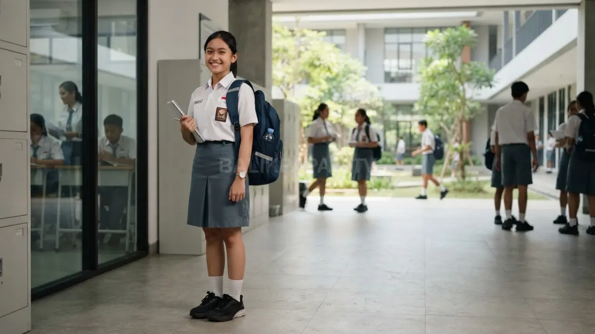 Outfit sekolah rapi dipadukan sepatu nyaman tas ergonomis menunjang aktivitas belajar sehari-hari optimal percaya diri (BTV/AI)
