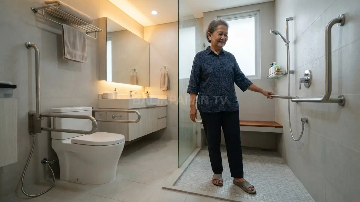 Pegangan dinding kokoh dan lantai antiselip membantu lansia bergerak aman saat menggunakan kamar mandi sehari-hari mandiri (BTV/AI)
