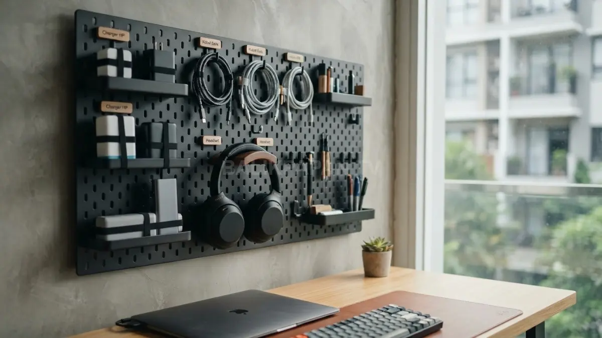 Pegboard dinding berisi charger, headset, dan kabel tersusun rapi serta mudah dijangkau. (BTV/AI)