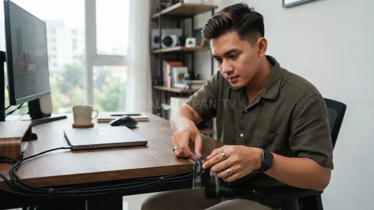 Pemasangan klip kabel transparan di sisi meja belajar minimalis modern. (BTV/AI)