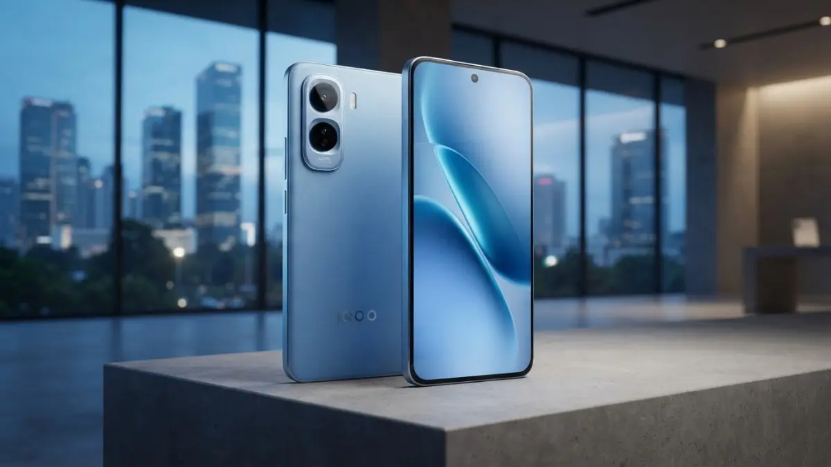 Penampakan fisik bodi belakang flat varian gawai iQOO Z11 berwarna Glacier Blue yang elegan dan kokoh.(BTV/AI) 
