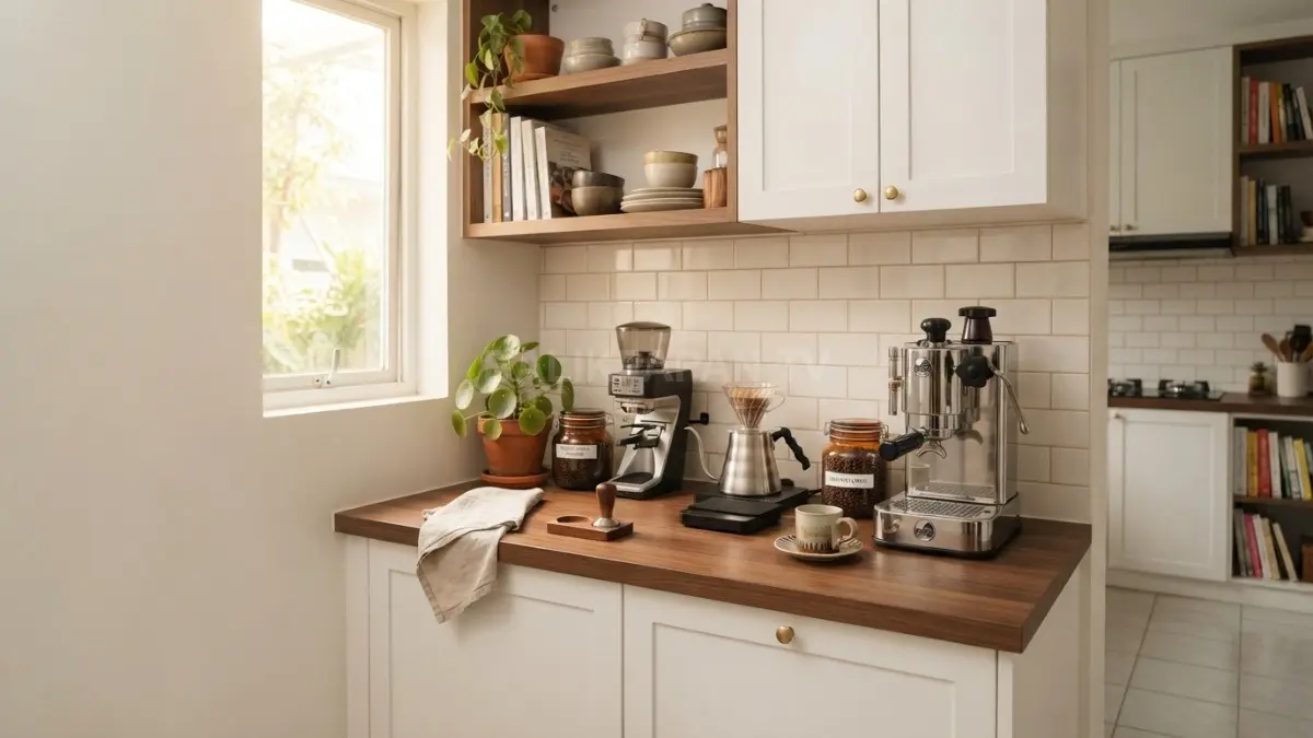 Penataan peralatan kopi yang rapi membantu menciptakan dapur lebih nyaman dan efisien setiap hari bersama keluarga. (BTV/AI)