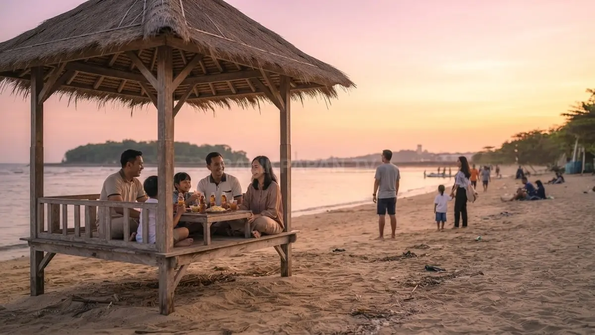 Pengunjung menikmati suasana sore sambil duduk di gazebo sederhana Pantai Seraya. (BTV/AI)