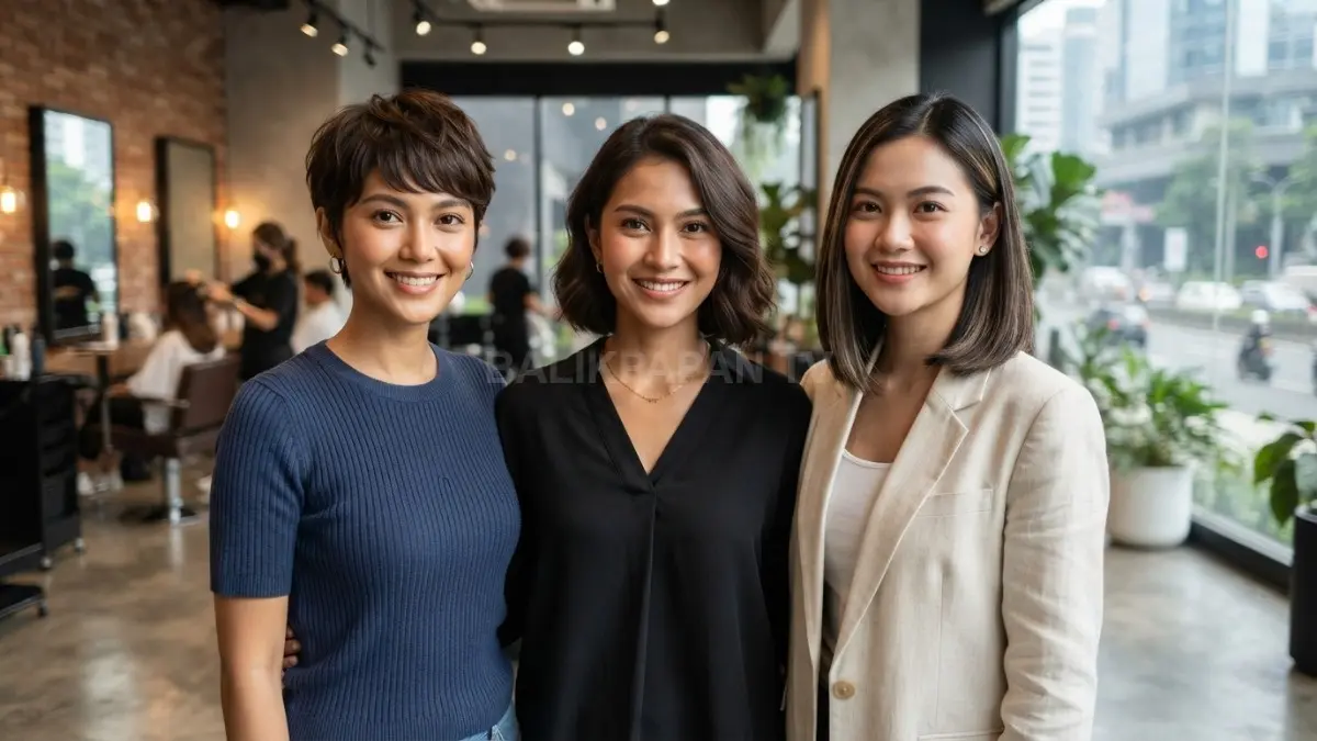 Perbandingan beberapa model rambut pendek seperti Pixie Cut, Long Bob, dan Italian Bob untuk berbagai bentuk wajah. (BTV/AI)