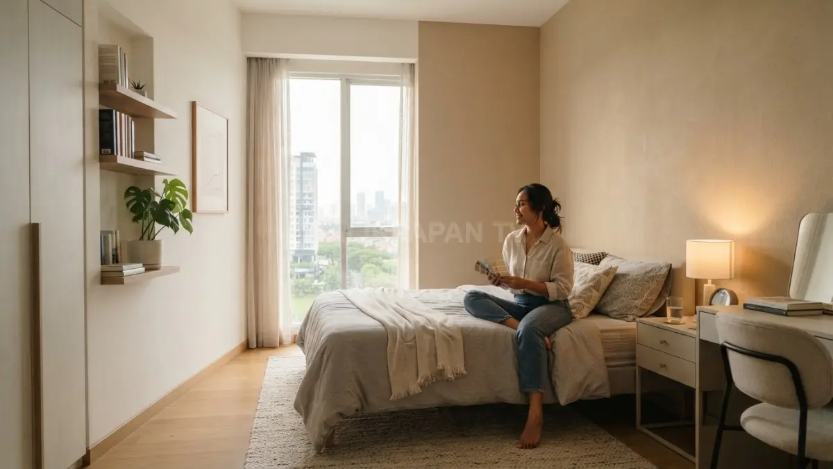 Perbandingan dinding putih hangat dan beige pada kamar mungil modern. (BTV/AI)