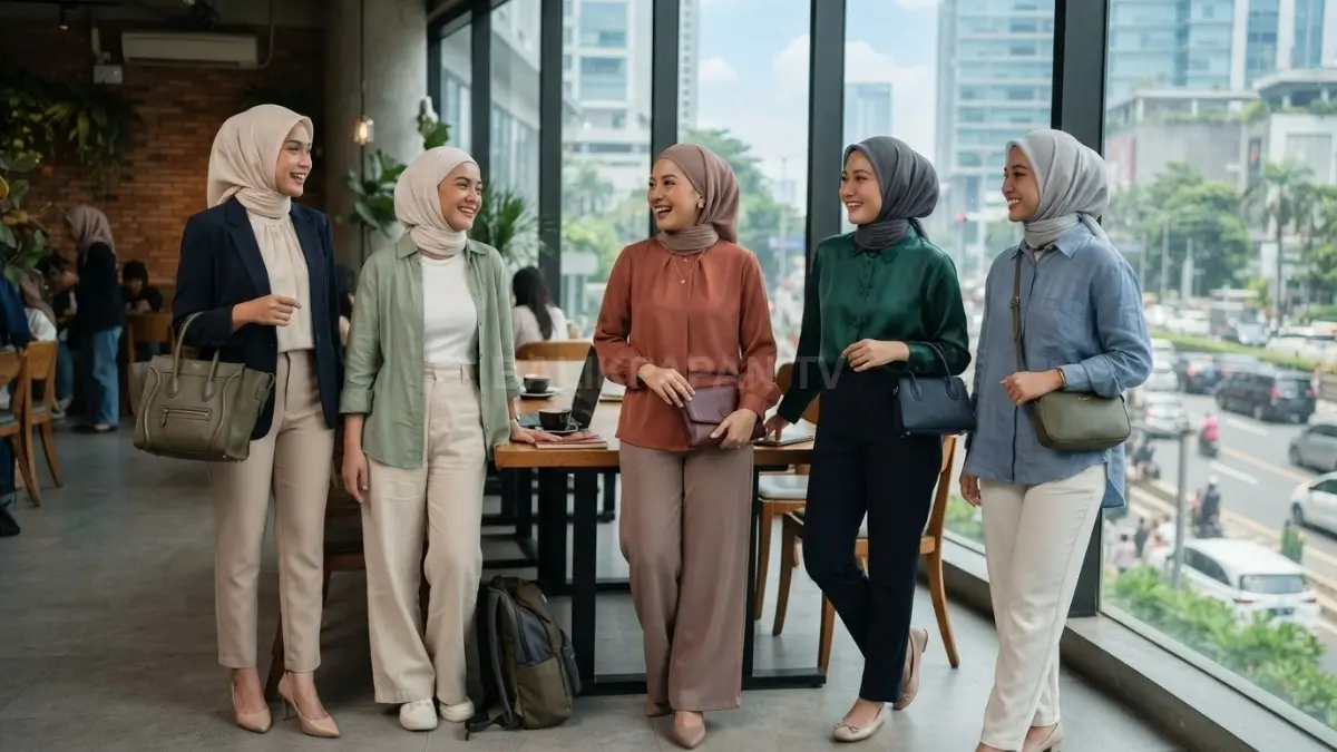 Perpaduan hijab, atasan, dan bawahan bernuansa serasi menciptakan penampilan anggun, elegan, dan nyaman setiap kesempatan (BTV/AI)
