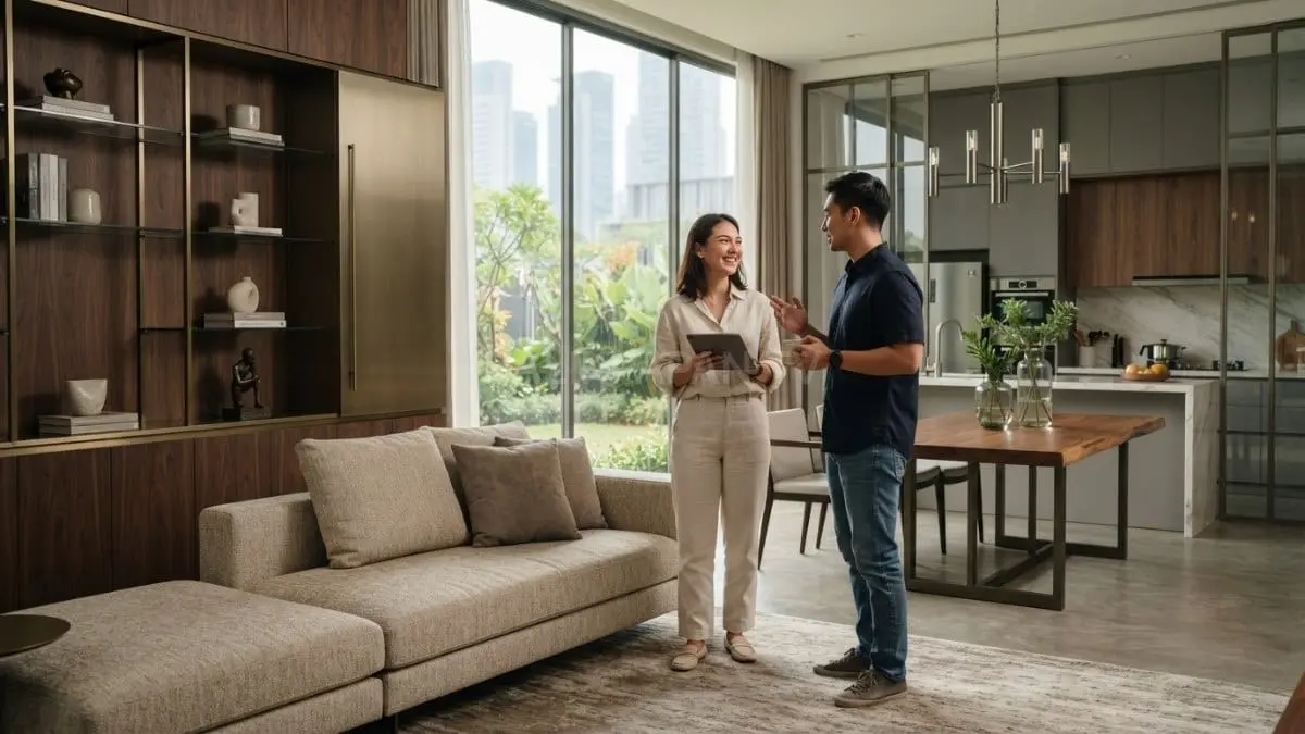 Perpaduan kayu logam kaca dan warna netral menciptakan interior modern hangat elegan harmonis sepanjang waktu [BTV:AI]