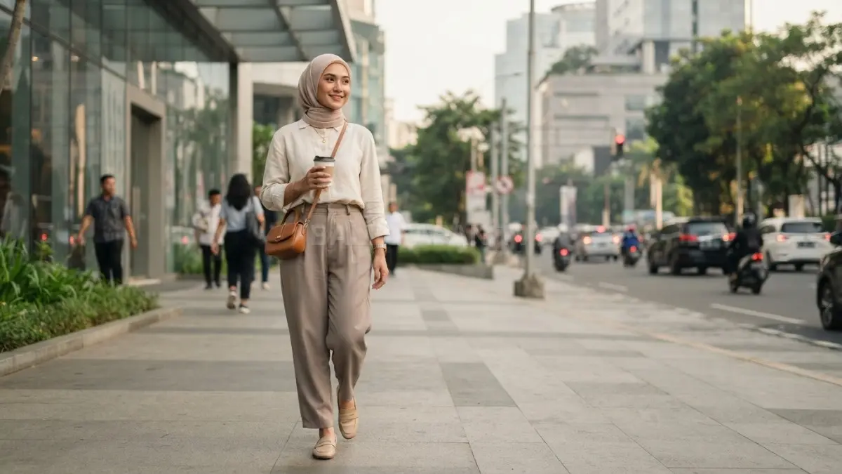 Perpaduan warna hijab, atasan, dan bawahan bernuansa netral menciptakan tampilan anggun, harmonis, serta elegan sehari-hari (BTV/AI)
