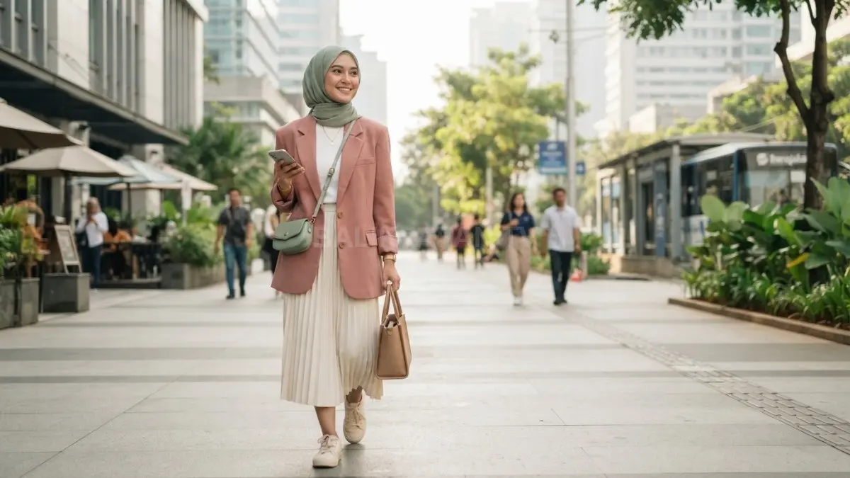 Perpaduan warna hijab, atasan, dan bawahan harmonis menciptakan penampilan anggun, modern, serta elegan setiap kesempatan (BTV/AI)
