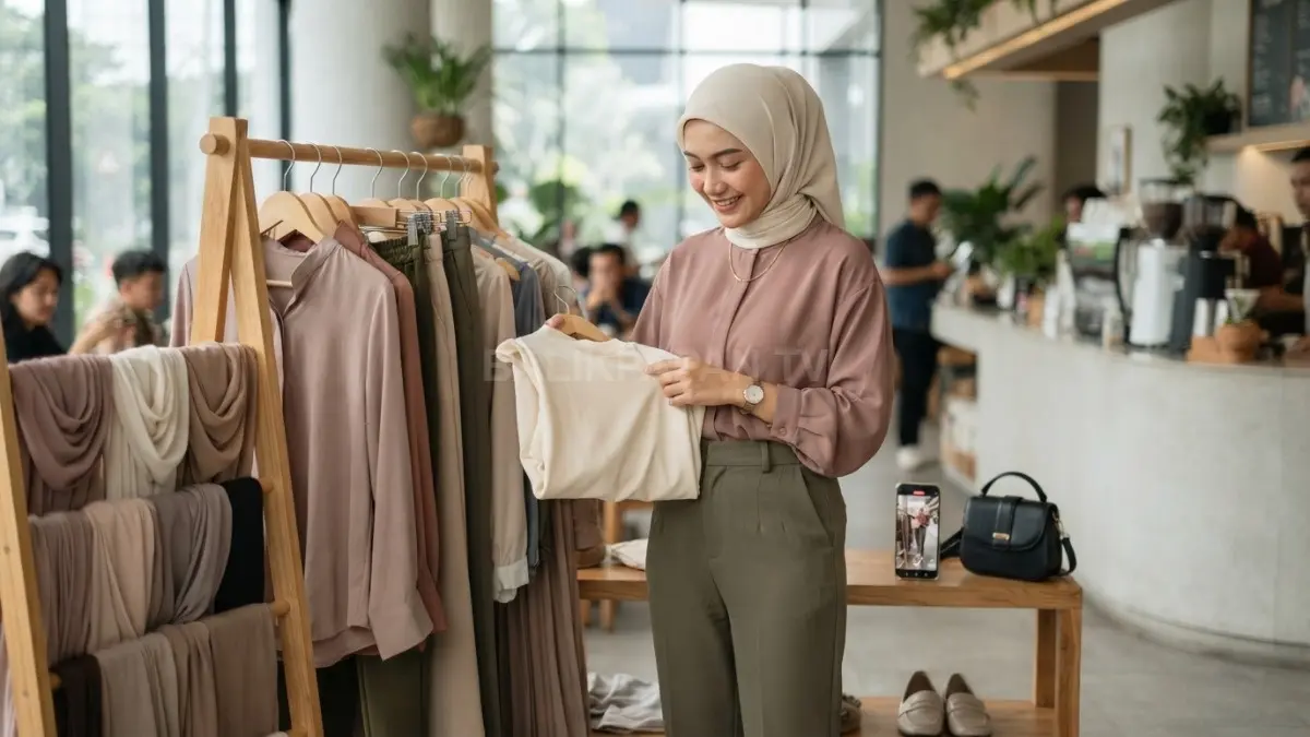 Perpaduan warna hijab, atasan, dan bawahan seimbang menciptakan penampilan anggun, harmonis, serta elegan setiap kesempatan (BTV/AI)
