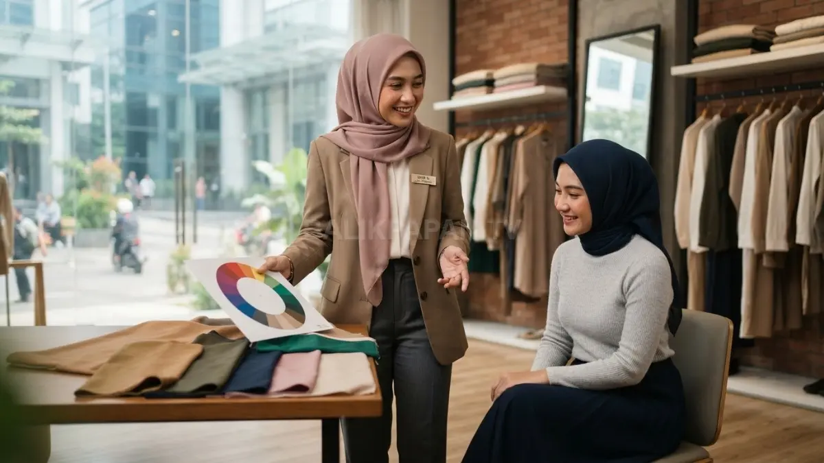 Perpaduan warna hijab, atasan, dan bawahan selaras menciptakan penampilan anggun sesuai karakter warna kulit alami (BTV/AI)
