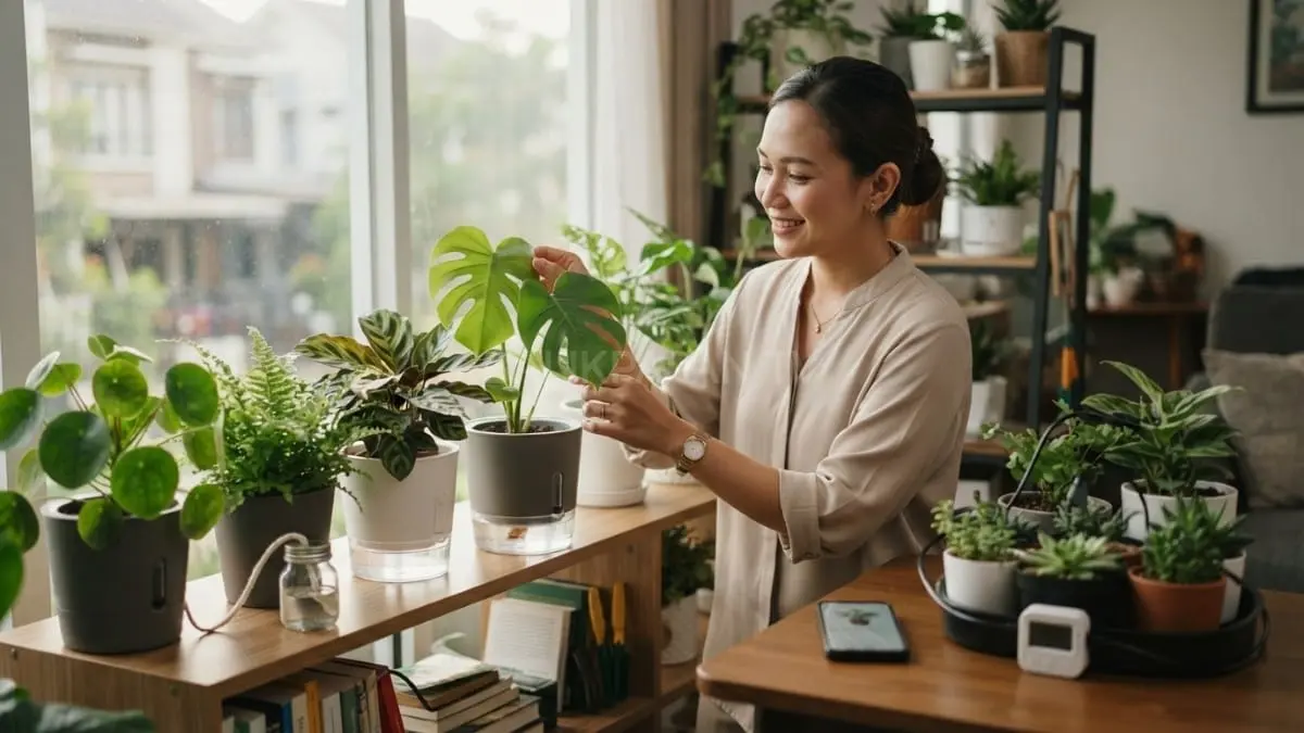 Pot self-watering membantu menjaga kelembapan tanaman hias sehingga tetap subur meski pemilik sibuk beraktivitas sehari-hari. [BTV:AI]