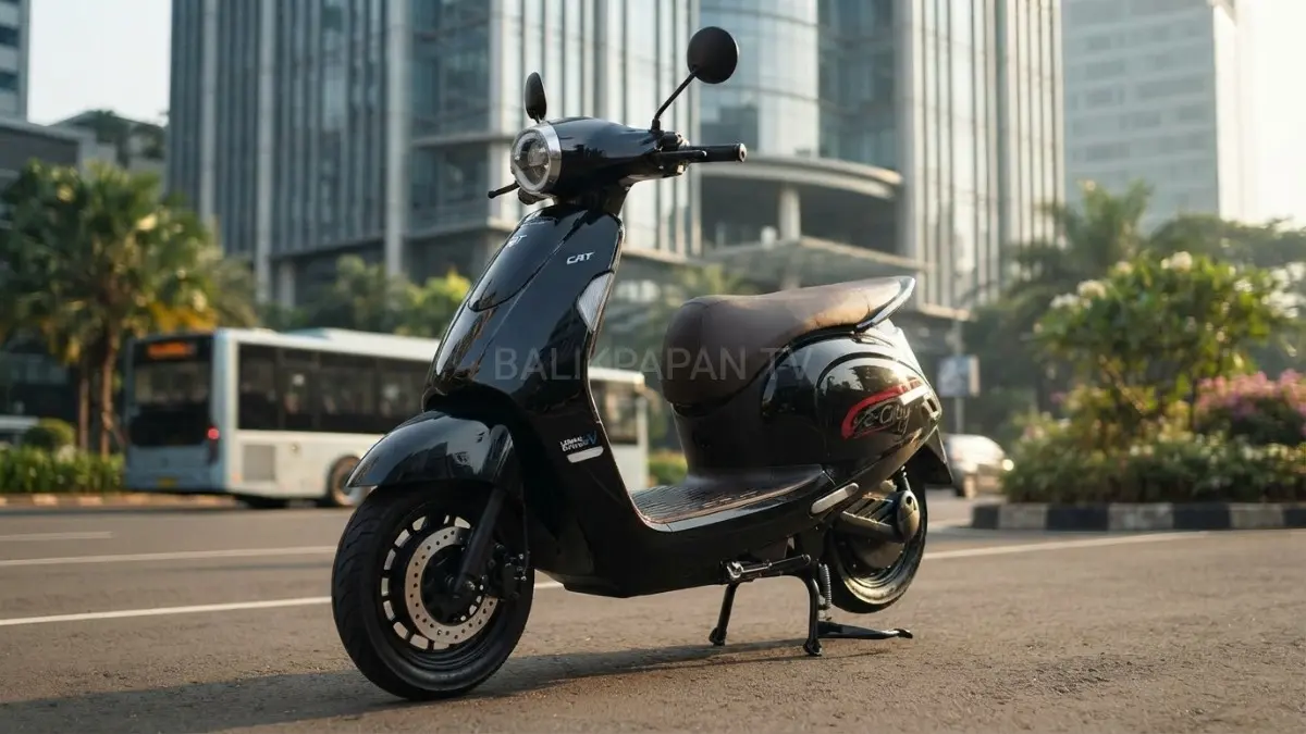Potret tampak motor listrik Indomobil E-Motor QT Pro berkelir putih dengan lampu proyektor LED berbentuk oval yang imut di jalan perkotaan.(BTV/AI) 