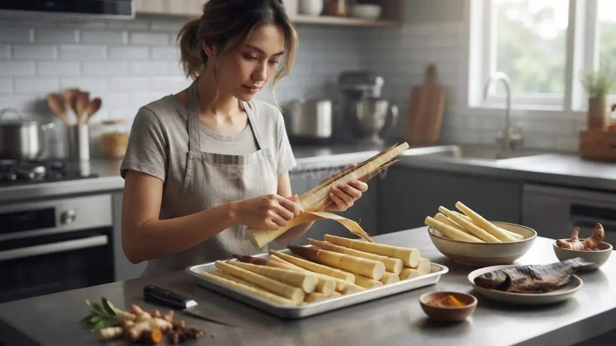 Proses membersihkan umbut rotan muda sebelum dimasak menjadi Juhu Singkah tradisional. (BTV/AI)