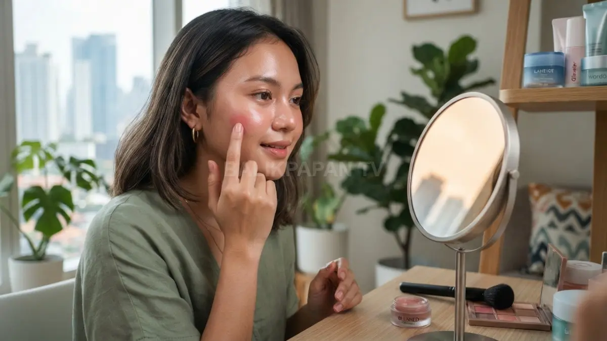 Proses penggunaan blush krim tipis untuk menciptakan efek pipi alami dan sehat. (BTV/AI)