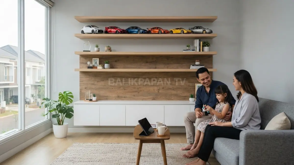 Rak terbuka menampilkan koleksi dekorasi sekaligus memudahkan akses barang sehari-hari tanpa hambatan visual ruangan. (BTV/AI)