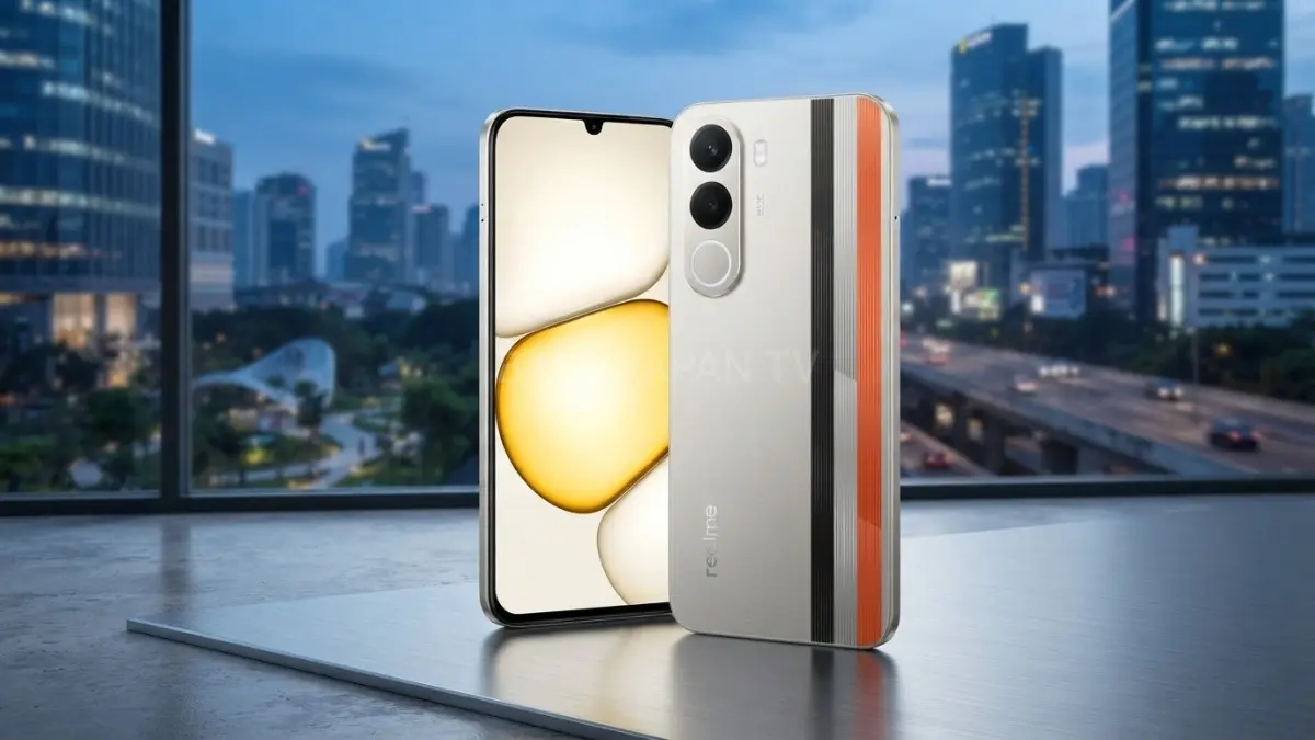 Realme P4x dengan desain Aero Racing dan baterai 8.000 mAh yang menjadi daya tarik smartphone gaming terjangkau. (BTV/AI) 