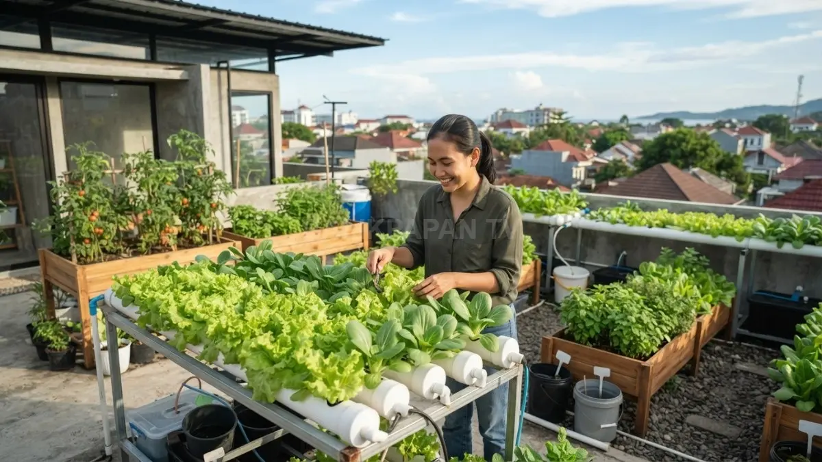 Rooftop garden menghadirkan kebun sayuran produktif di atap rumah dengan konsep hijau perkotaan modern (BTV/AI)

