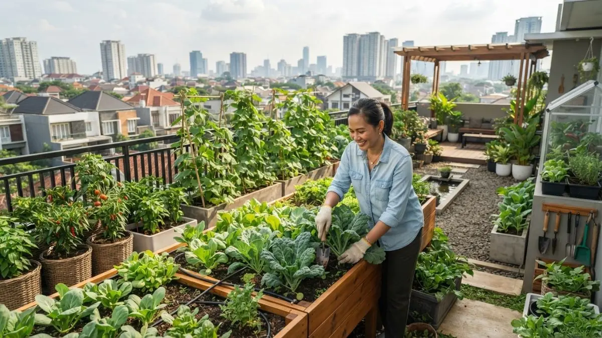 Rooftop garden rumah modern menghadirkan kebun sayuran produktif dengan pemanfaatan atap secara hijau dan kreatif (BTV/AI)

