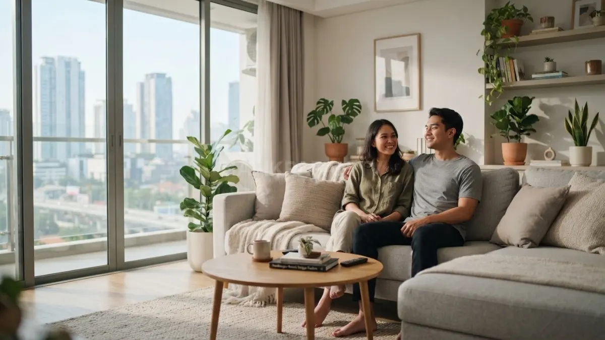 Ruang keluarga bergaya minimalis dengan tanaman hias, pencahayaan alami, sofa berwarna netral, dan dekorasi sederhana yang menciptakan suasana hangat. (BTV/AI)