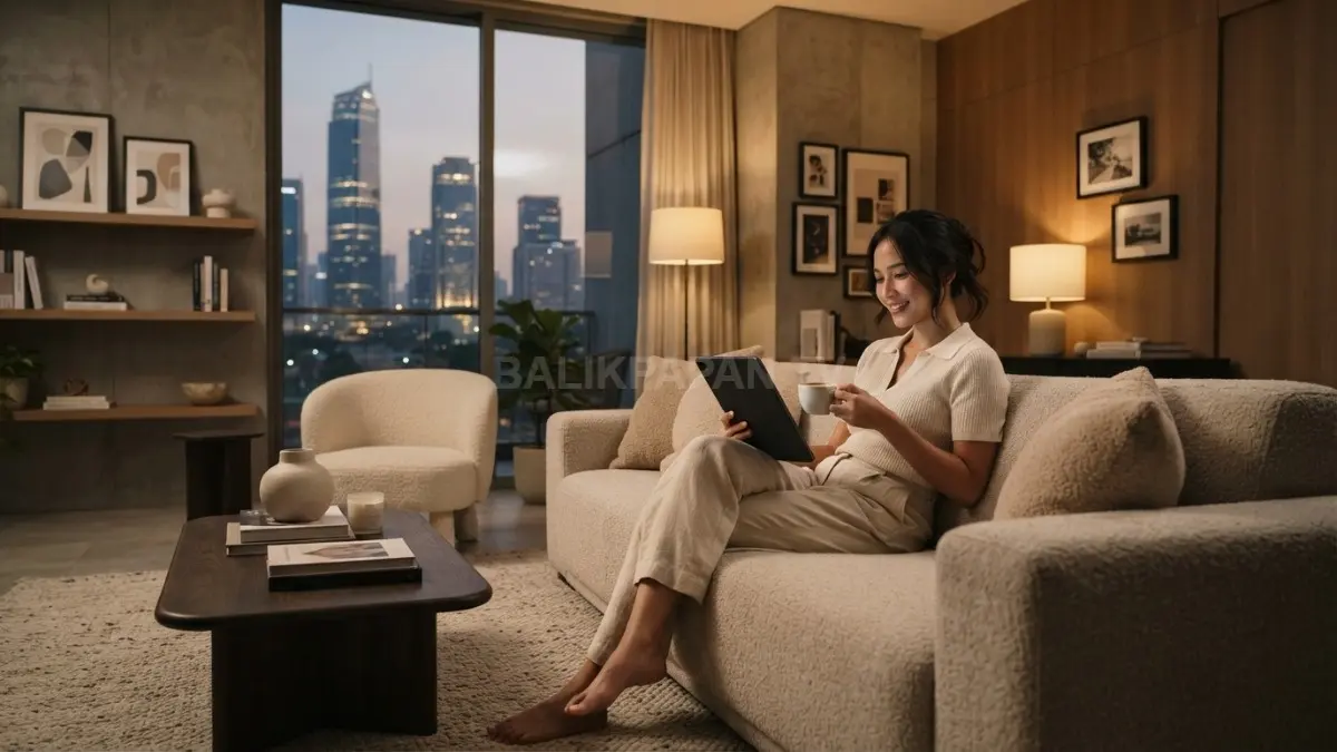 Ruang keluarga minimalis dengan lampu hangat, tekstur linen, dan dekorasi selektif ala hotel boutique modern. (BTV/AI)