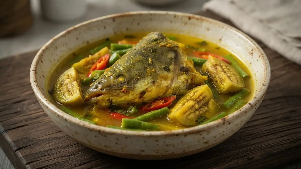 Satu porsi gangan asam kepala patin kuah kuning segar dengan potongan terung asam di dalam mangkuk keramik tradisional. (BTV/Ai)
