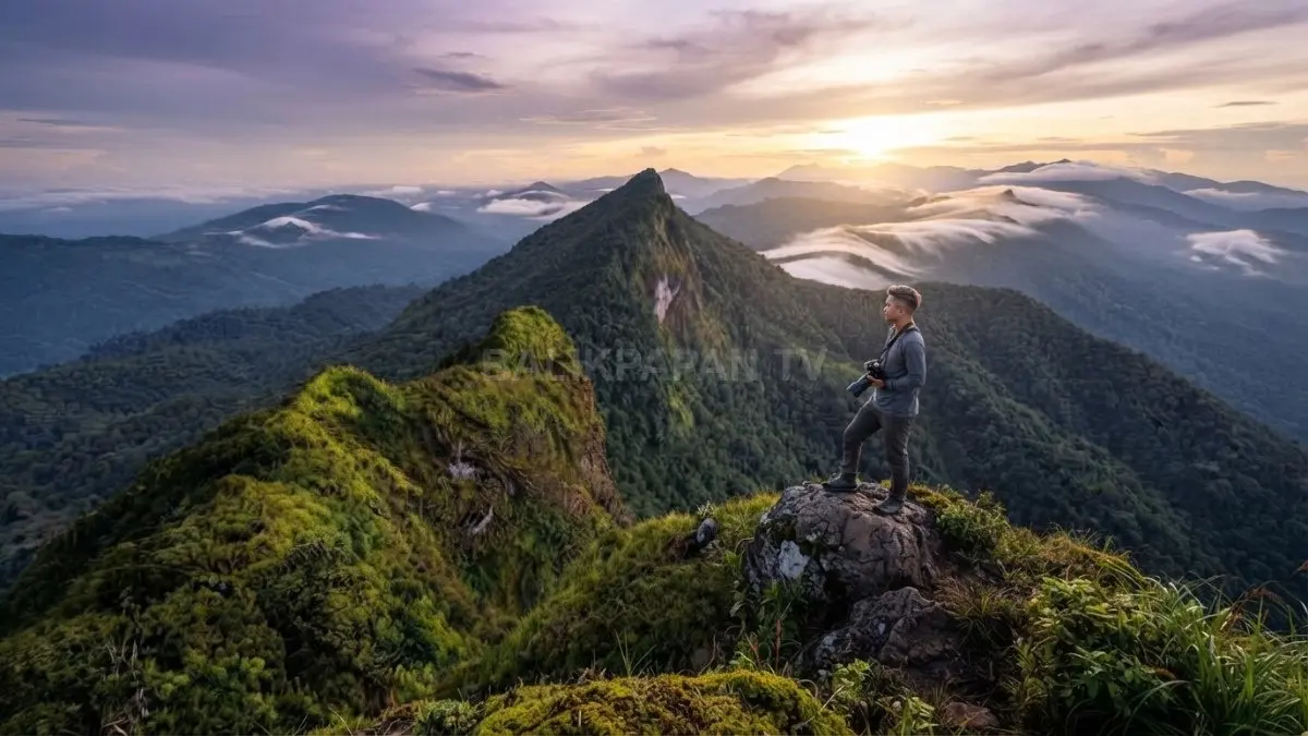 Seorang fotografer sedang mengabadikan keindahan pemandangan alam di kawasan Pegunungan Meratus yang memukau. (BTV/Ai)