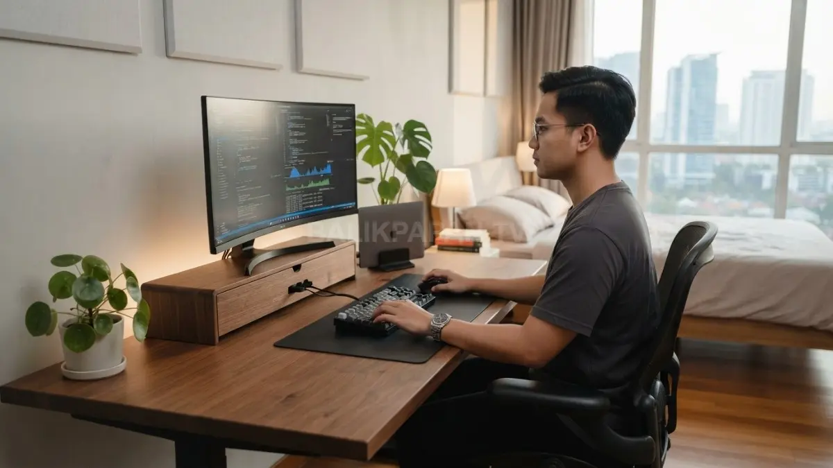 Setup kamar minimalis dengan box kabel kayu dan meja kerja yang terlihat bersih tanpa kabel menjuntai. (BTV/AI)