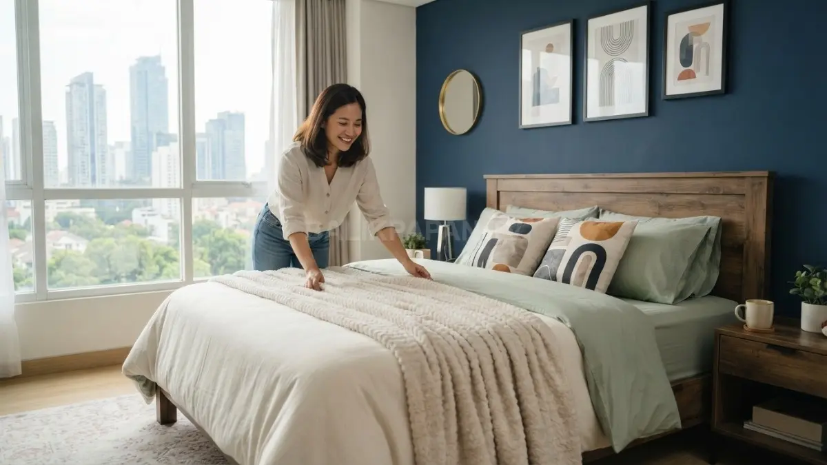 Sprei abu-abu muda menghadirkan nuansa urban modern, mudah dipadukan berbagai warna sekaligus menyamarkan debu ringan. (BTV/AI)