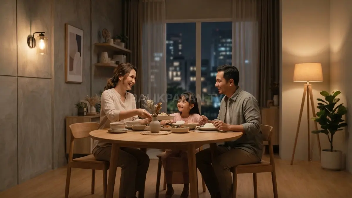 Standing lamp menghadirkan pencahayaan hangat, melengkapi ruang makan minimalis dengan nuansa nyaman dan estetis modern (BTV/AI)
