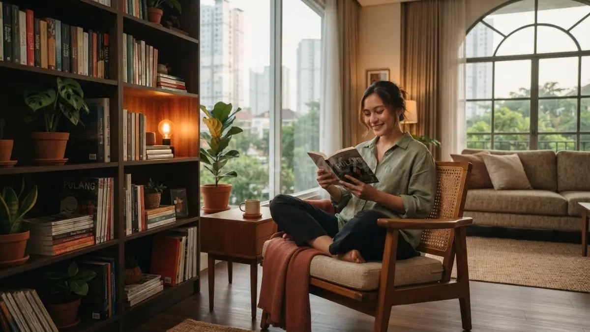 Sudut ruang tamu yang disulap menjadi area baca dengan kursi santai, rak buku, tanaman hias, dan pencahayaan hangat. (BTV/AI)