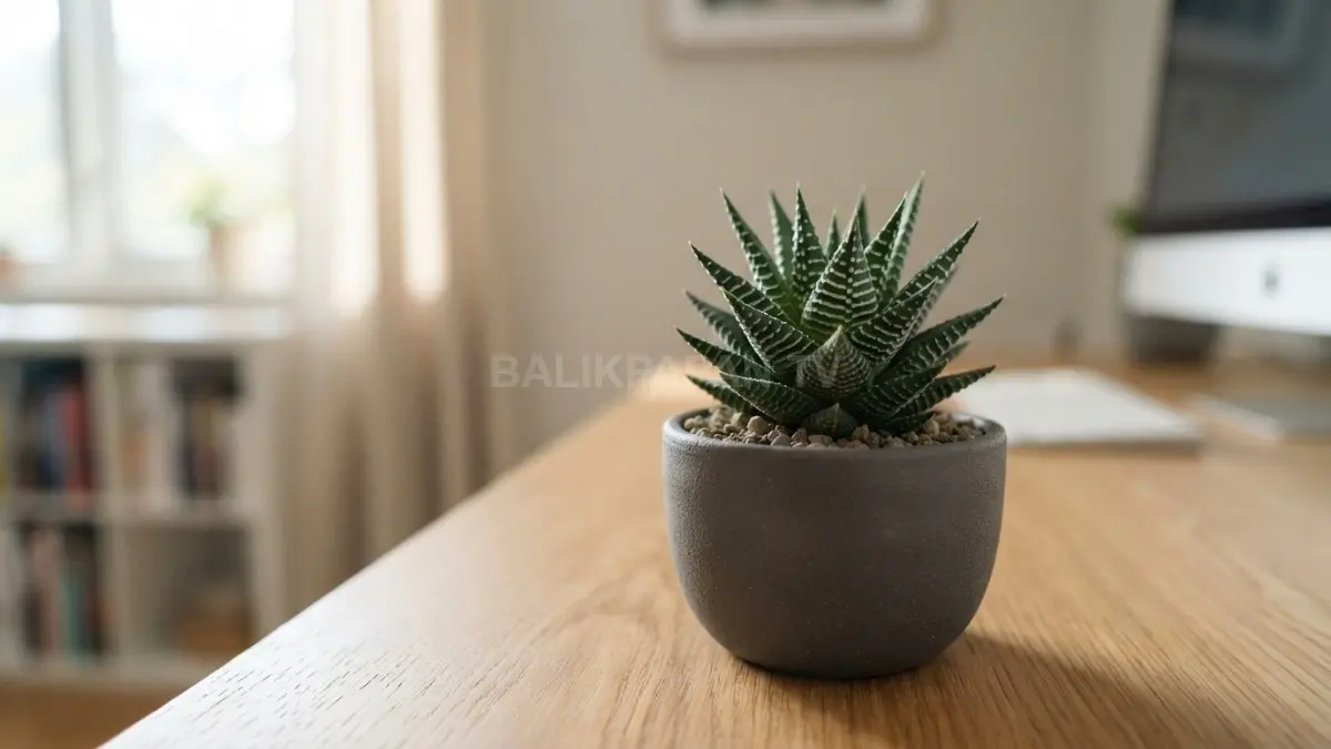Sukulen Haworthia mungil dengan guratan putih unik sangat cocok menghias estetika meja kerja Anda. (BTV/Ai)