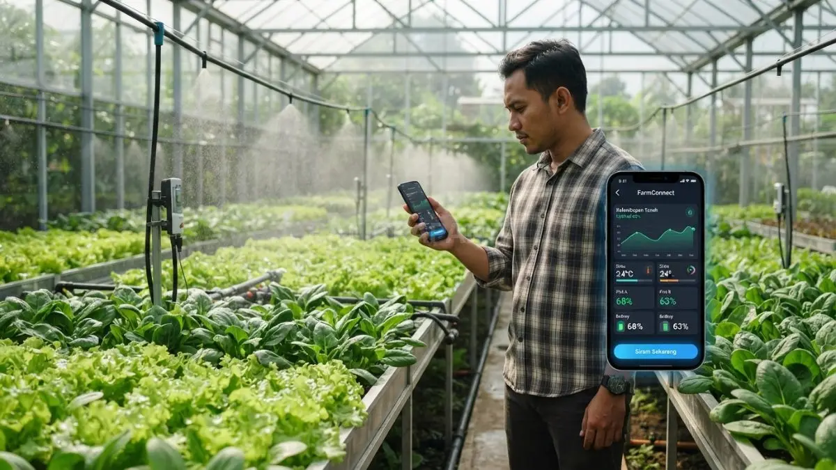 Tampilan antarmuka aplikasi gawai yang menampilkan grafik kelembapan tanah kebun sayuran hijau secara real-time. (BTV/Ai)