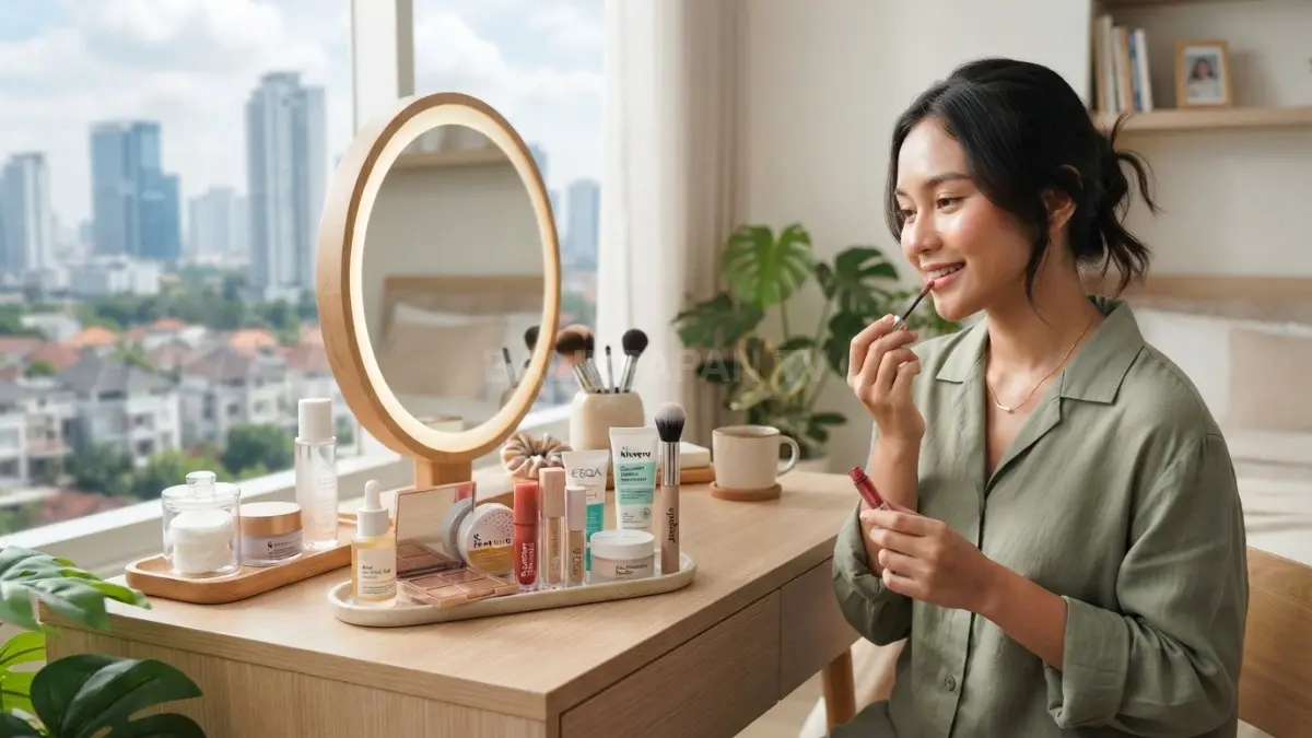 Tampilan meja rias minimalis dengan produk makeup multifungsi berkonsep skin-first beauty. (BTV/AI)