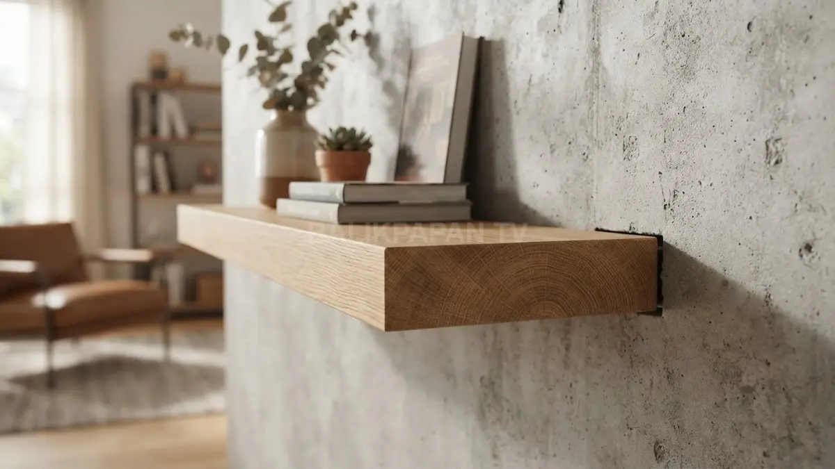 Visualisasi sudut potong rak melayang modern berbahan kayu solid yang terpasang rapat pada dinding semen tanpa siku penyangga luar. (BTV/Ai)
