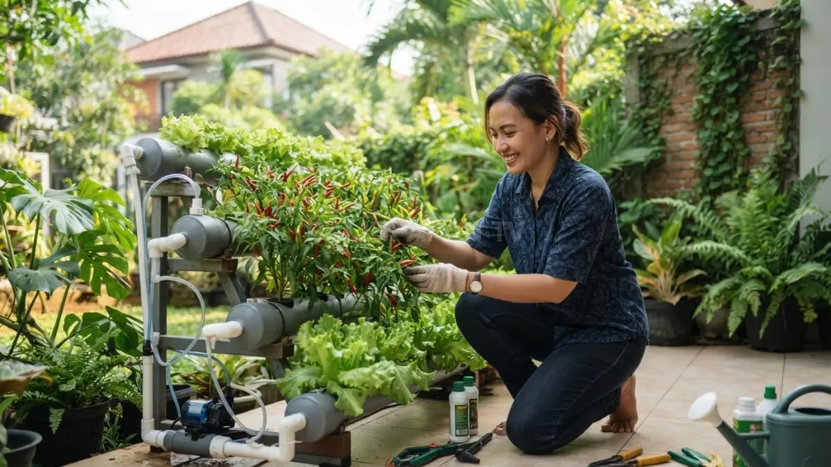 Warga merawat tanaman cabai dan selada menggunakan sistem hidroponik di halaman rumah. (BTV/AI)