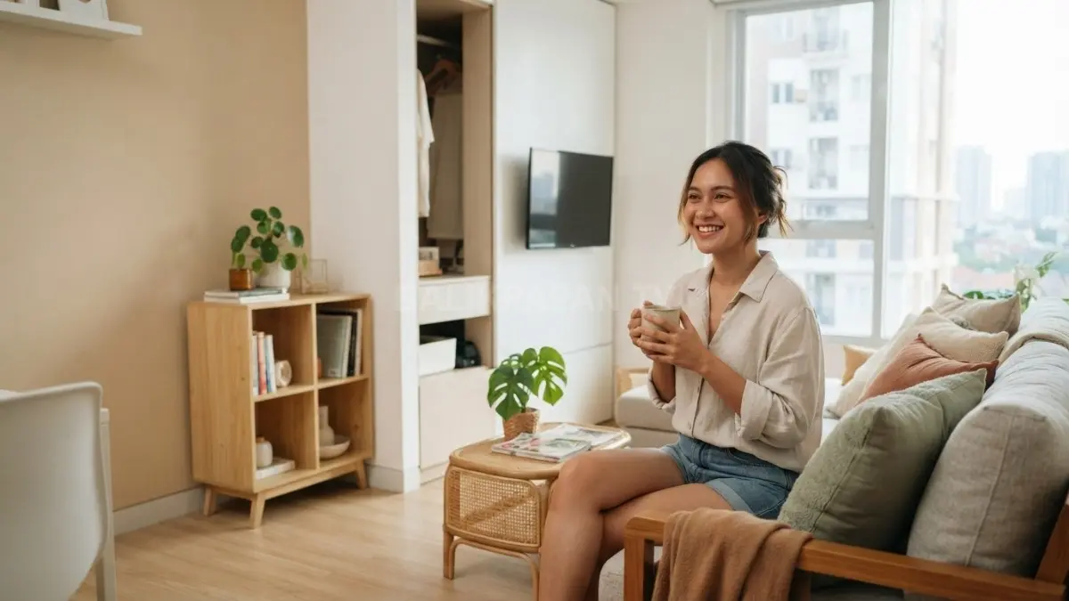 Warna cerah, aksen kayu, dan tanaman hijau membuat ruang rumah susun terasa lapang serta nyaman (BTV/AI)
