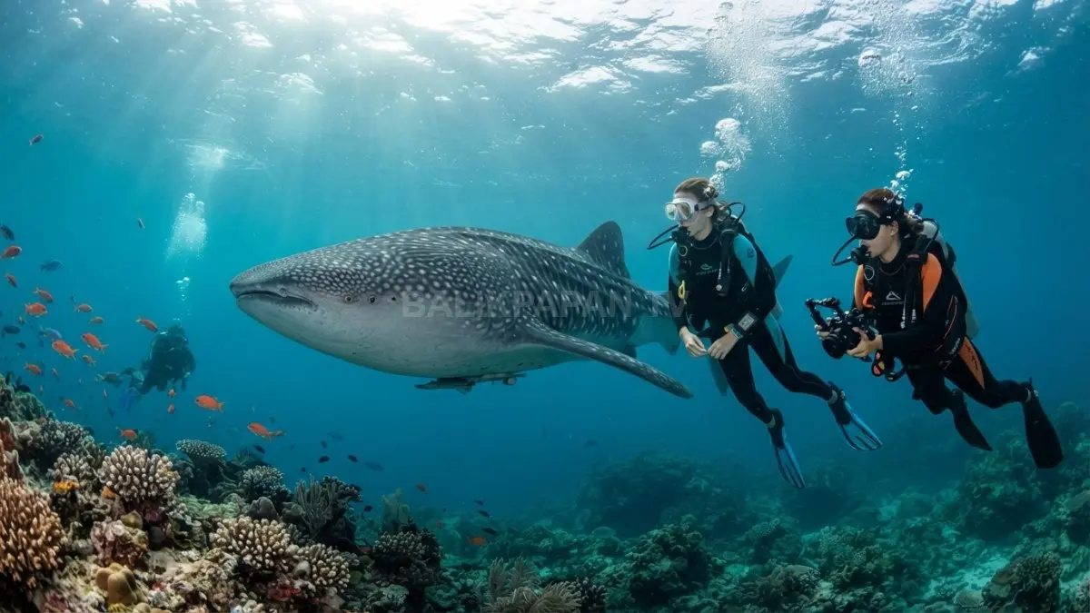 Wisatawan sedang menyelam mengamati hiu paus berukuran besar secara aman di kawasan konservasi perairan Whale Shark Point Talisayan. (BTV/Ai)