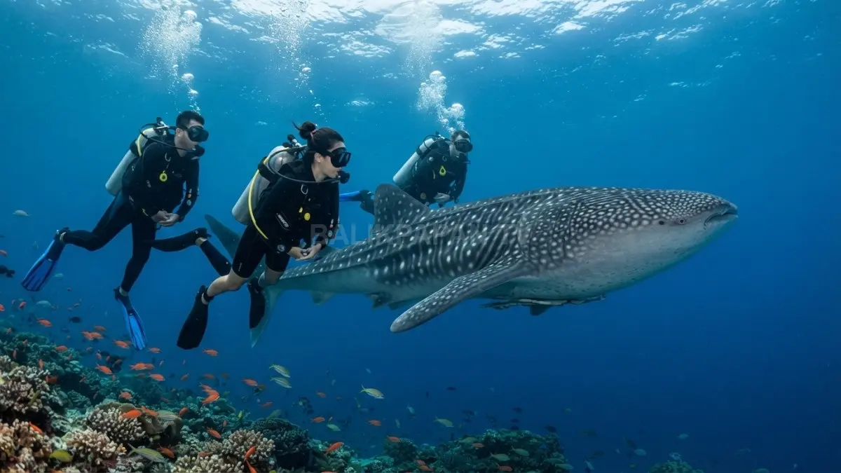 Wisatawan sedang menyelam mengamati hiu paus besar secara aman di kawasan konservasi perairan Talisayan. (BTV/Ai)
